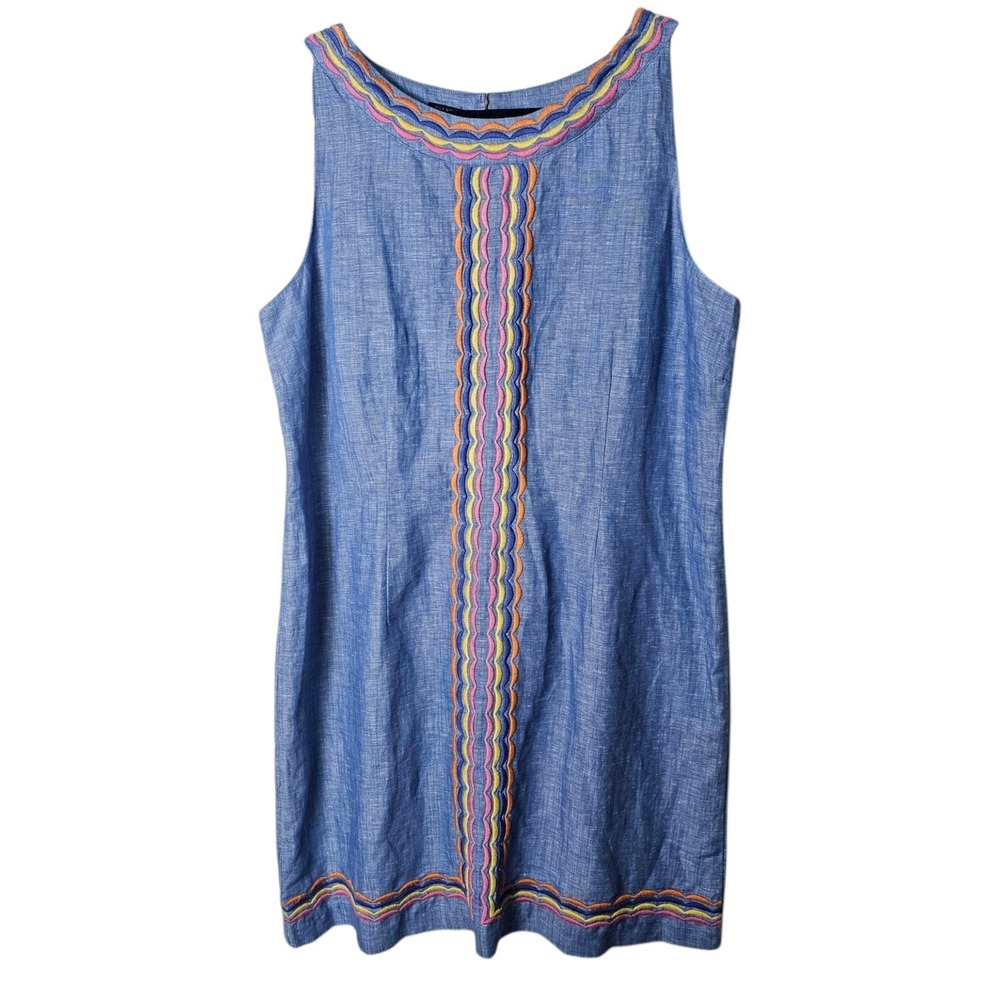 Talbots 16 Petite Chambray Sheath Linen Dress‎ Rainbow Embroidery Sleeveless